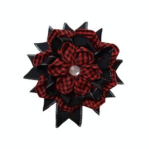 Red and Black Plaid Flower Hair Clip with Gem Accent